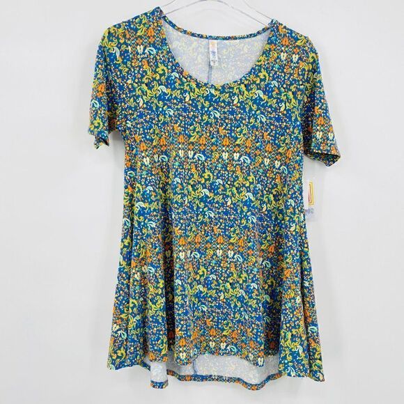 NWT Lularoe Size XS Short Sleeve Blue & Orange Patterned Perfect T Shirt Top - Picture 1 of 6